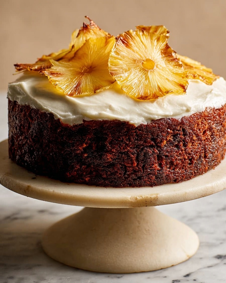 A single-layer dark brown cake with a rough texture stands on a white marble cake pedestal. The top of the cake is thickly spread with creamy white frosting, slightly swirled with soft peaks. On top of the frosting, there are several thin, crispy, golden pineapple chips arranged unevenly for decoration. The background and surface have a white marbled texture. A knife and a off-white cloth napkin sit near the pedestal. photo taken with an iphone --ar 4:5 --v 7