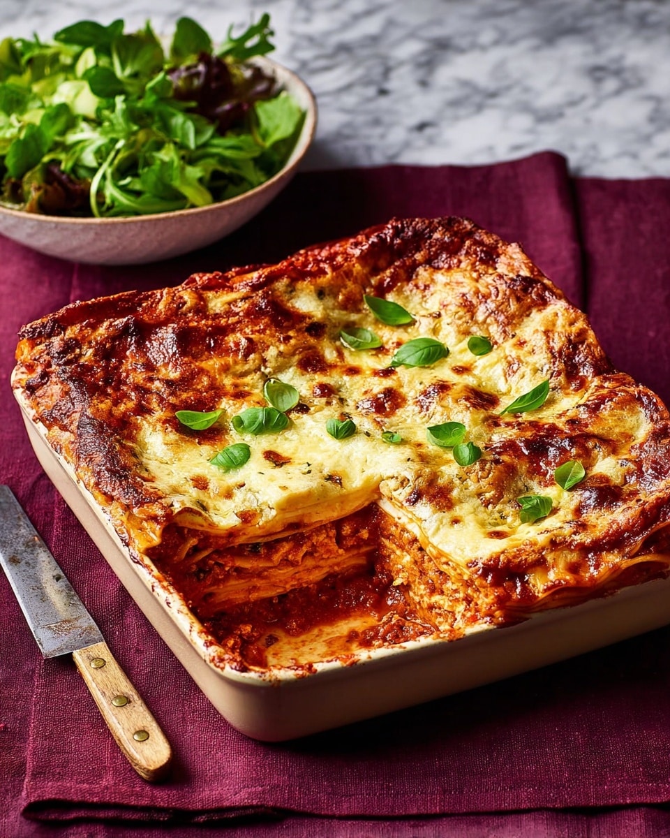 A square lasagna in a rustic baking dish sits on a folded dark burgundy cloth with a silver knife beside it. The lasagna has multiple visible layers: a bottom layer of red tomato sauce, followed by layers of pasta sheets, and a rich orange cheese mixed with sauce. The top layer is a thick golden-brown melted cheese crust with small green basil leaves scattered on it. A portion of the lasagna is cut out, showing its soft and layered inside. In the background, a white bowl holds fresh green leafy salad. The whole scene is set on a white marbled texture surface with a deep red wall behind. Photo taken with an iphone --ar 4:5 --v 7