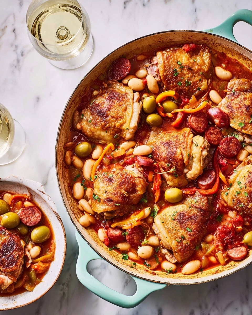A white pan filled with five pieces of cooked chicken thighs on top, browned and crispy, surrounded by a rich red sauce mixed with green olives, whole white beans, slices of red and yellow bell peppers, and round slices of reddish-brown sausage. The pan handle is light turquoise. Next to the pan, on a white marbled surface, there is a white bowl with one chicken thigh and some sauce with vegetables and sausage slices. A glass of white wine is placed above the pan, reflecting light. photo taken with an iphone --ar 4:5 --v 7