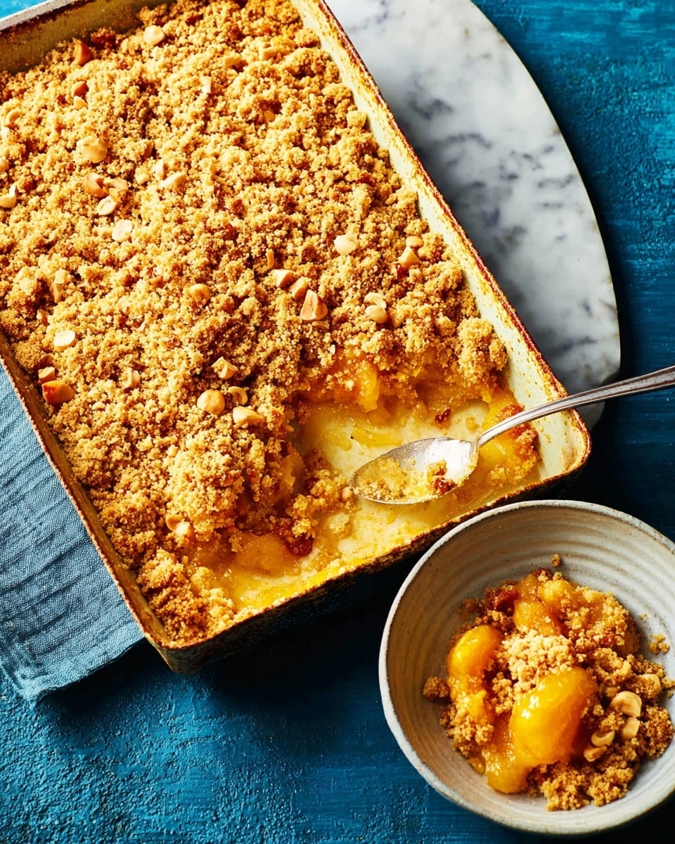 A baking tray filled with a golden crumble dessert topped with whole hazelnuts, the crumbly texture is rough and uneven with parts scooped out revealing a soft, yellowish fruit layer underneath. A round white bowl below holds two large pieces of the crumble with visible soft fruit inside, covered by a thick layer of crumb topping, and a spoon resting inside the bowl. The scene is set on a white marbled surface with some scattered crumbs around, capturing the warm, crunchy texture of the dessert. photo taken with an iphone --ar 4:5 --v 7