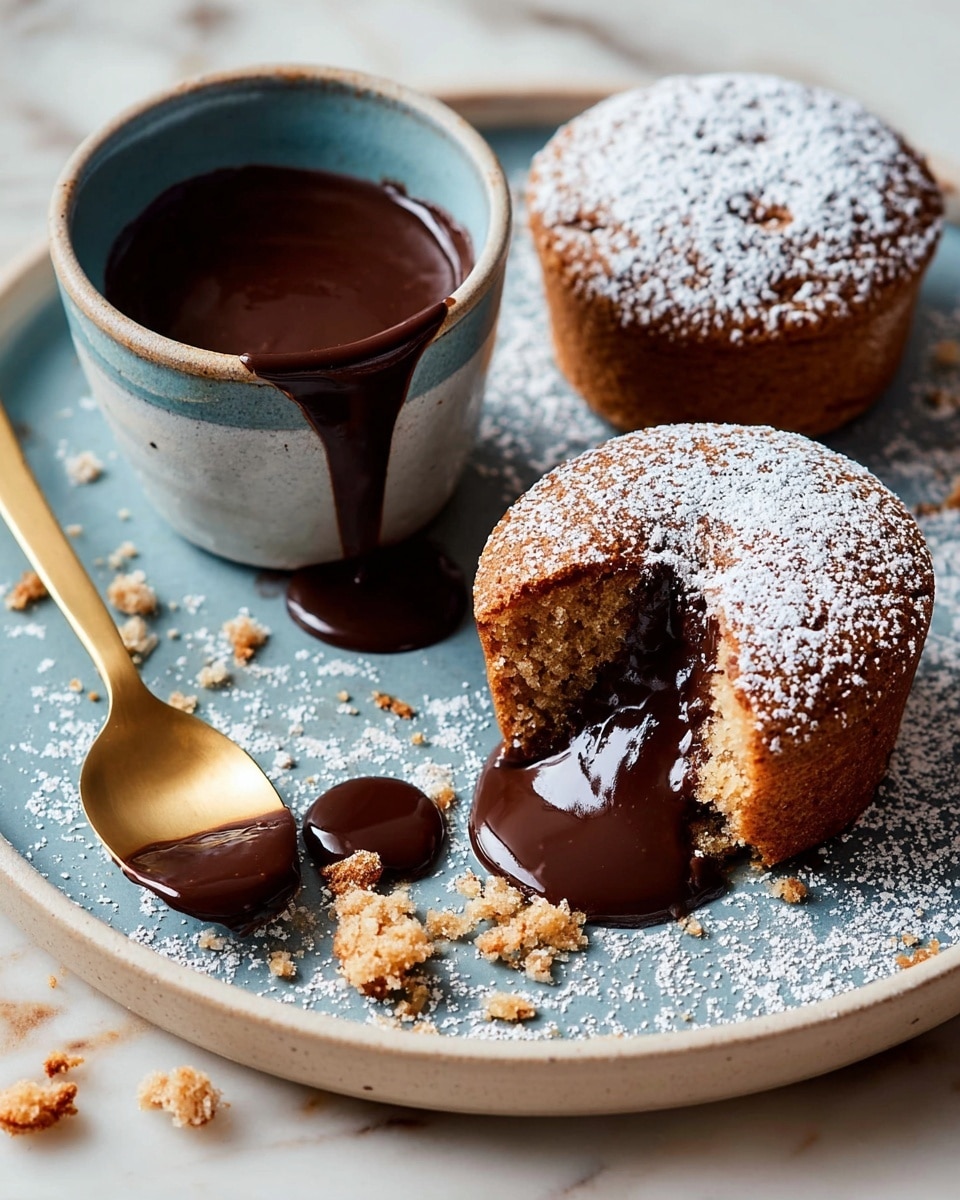 Two small round cakes with a crumbly golden-brown texture sit on a white plate with a white marbled texture background. One cake is whole, dusted with powdered sugar on top, while the other cake is broken open, showing a soft inside with rich dark chocolate sauce flowing over its top and onto the plate. Next to the cakes is a small ceramic cup filled with more glossy dark chocolate sauce, with some dripping down the side. A shiny golden spoon lies nearby, adding a touch of shine to the scene. Photo taken with an iphone --ar 4:5 --v 7