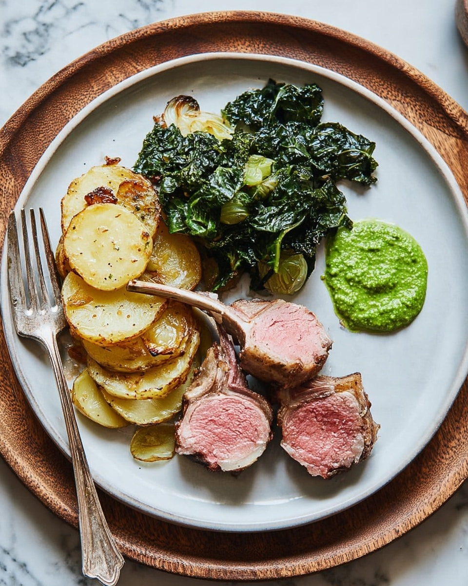A white plate holds a dish with four main layers: at the bottom left are golden-brown sliced roasted potatoes, arranged in overlapping rows with visible seasoning and small onion pieces; at the top left is a pile of dark green, shiny cooked kale leaves with a slightly wrinkled texture; on the right side, two thick, pink-centered lamb chops with seared edges and bone handles lean against the potatoes; next to the lamb chops on the bottom right side is a dollop of bright green sauce with a slightly chunky texture. A gold fork rests on the plate's edge near the potatoes, and the plate is set on a light wood round charger over a white marbled surface. photo taken with an iphone --ar 4:5 --v 7