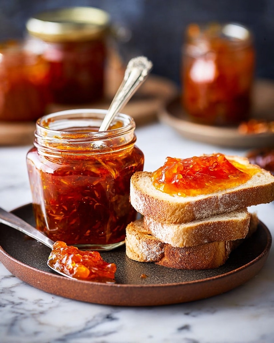 A clear glass jar filled with orange-red jam with visible fruit pieces sits on a brown plate, next to three thick slices of crusty bread layered with melted butter and topped with a generous spoonful of the jam. A silver spoon rests inside the jar with some jam dripped onto the plate, while a knife with jam on its tip lies beside the plate on a dark cloth. In the blurred background, multiple glass jars of the jam are displayed against a dark backdrop. The whole scene is set on a white marbled surface. photo taken with an iphone --ar 4:5 --v 7