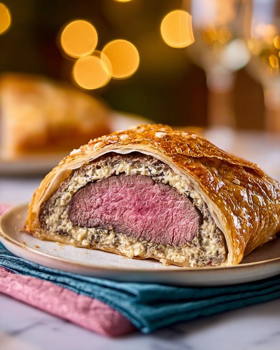 The image shows a thick piece of beef beef wellington cut in half on a white plate on top of a blue cloth with a pink cloth below. The beef is cooked medium rare, pink and juicy in the center with a thick layer of creamy mushroom duxelles wrapped closely around the meat. Outside the mushroom layer is a thin layer of thin ham or prosciutto. The whole is encased in a shiny, golden brown, flaky puff pastry crust with a slightly cracked texture. The background has soft, round, warm light bokeh and a white marbled surface. photo taken with an iphone --ar 4:5 --v 7