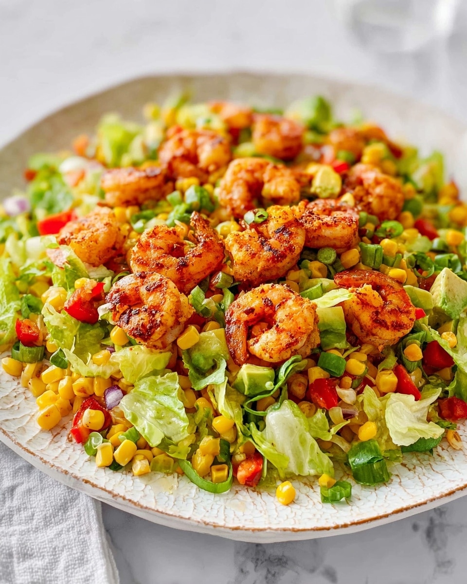A vibrant shrimp salad is shown in a white round bowl on a white marbled surface. The dish features three main visible layers: the bottom layer has green leafy lettuce, followed by a middle layer of bright yellow corn kernels mixed with small green scallion pieces and chunks of light green avocado. On top, there are several grilled shrimp with a slightly charred texture, orange-pink in color, scattered evenly across the salad. Small diced red bell peppers add extra pops of color throughout. The overall look is fresh and colorful with a mix of textures from leafy greens, juicy corn, and tender shrimp. Photo taken with an iphone --ar 4:5 --v 7