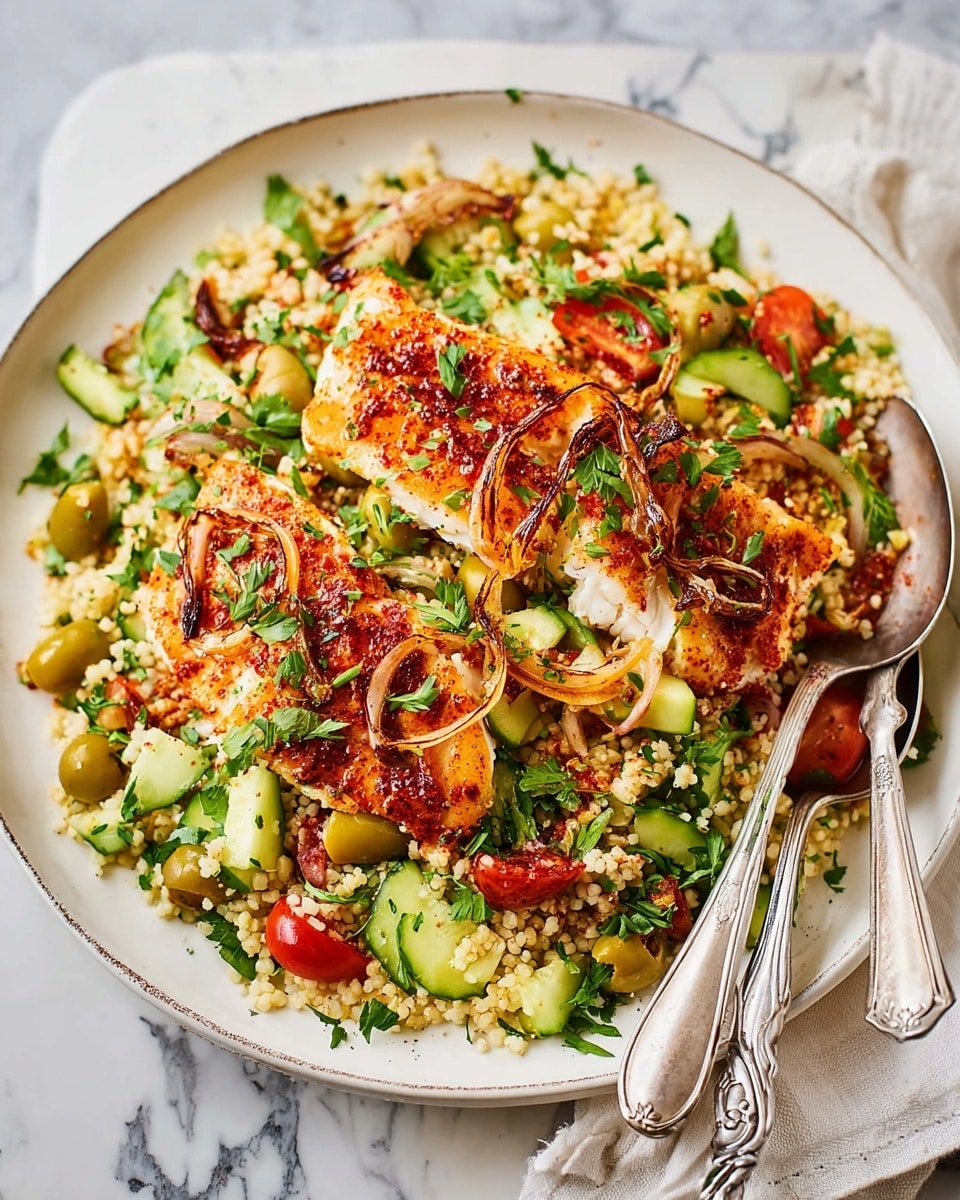 A white oval plate sits on a white marbled surface, filled with a colorful salad base of small grains mixed with chopped green cucumbers, sliced green olives, and bright red tomato pieces, all speckled with fresh green herbs. On top, two thick pieces of grilled fish have a golden-brown crust with a reddish spice coating, covered with thin rings of dark caramelized red onions. A large silver serving spoon and a fork rest on the side of the plate. photo taken with an iphone --ar 4:5 --v 7