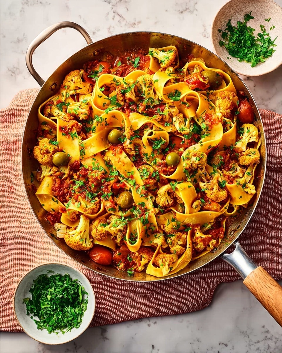 The image shows a large pan filled with wide, ribbon-like pasta that is yellow-orange in color, mixed with chunks of cauliflower and small pieces of green olives and tomatoes. The pasta and vegetables are coated in a reddish-orange sauce that gives a warm, rich look. Bright green chopped herbs are sprinkled over the top, adding fresh color. The pan is on top of a soft, peach-colored cloth, placed on a white marbled surface. Next to the pan is a small white bowl filled with more chopped green herbs. Photo taken with an iphone --ar 4:5 --v 7
