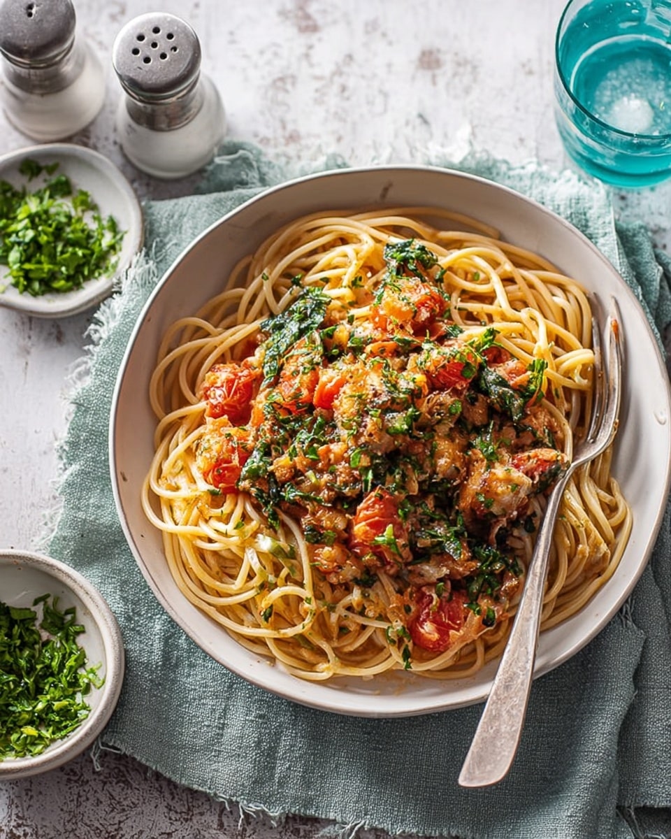 A bowl of spaghetti pasta is topped with a saucy mix of cooked greens, chopped tomatoes, and small pieces of browned chicken or meat, all mixed together with some capers. The spaghetti is long and light brown, sitting at the bottom as the first layer. The second layer is the chunky tomato and green vegetable sauce with bits of meat scattered throughout, creating a colorful mix of red, green, and golden-brown textures. The bowl is white with a natural rough look, placed on a light gray cloth next to a small white bowl filled with chopped green herbs and a silver spoon. The background is a white marbled texture. Photo taken with an iphone --ar 4:5 --v 7