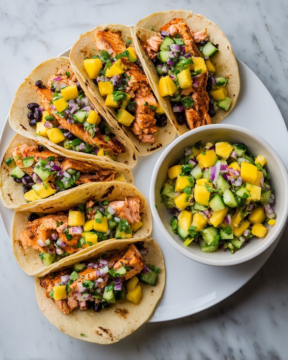 The image shows several tacos placed on a white plate, each taco filled with layers of crispy salmon, black beans, and a fresh topping of diced yellow mango and green cucumber mixed with white onion. The tacos have soft, light brown tortillas with small char marks, and the fillings are colorful with orange, black, yellow, green, and white creating a bright and fresh look. Next to the plate, there is a white bowl filled with more of the mango and cucumber mixture on a white marbled surface. Photo taken with an iphone --ar 4:5 --v 7