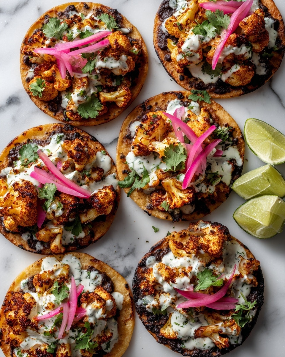The image shows several small round tostadas on a white marbled surface. Each tostada has a golden-brown crispy base topped with a layer of dark beans, followed by crispy fried cauliflower pieces. On top of the cauliflower, there is a drizzle of creamy white sauce. Bright pink pickled onions and small green cilantro leaves are scattered over each tostada. There are two lime wedges placed on the surface near the tostadas. A woman's hand is reaching to pick one tostada. Photo taken with an iphone --ar 4:5 --v 7