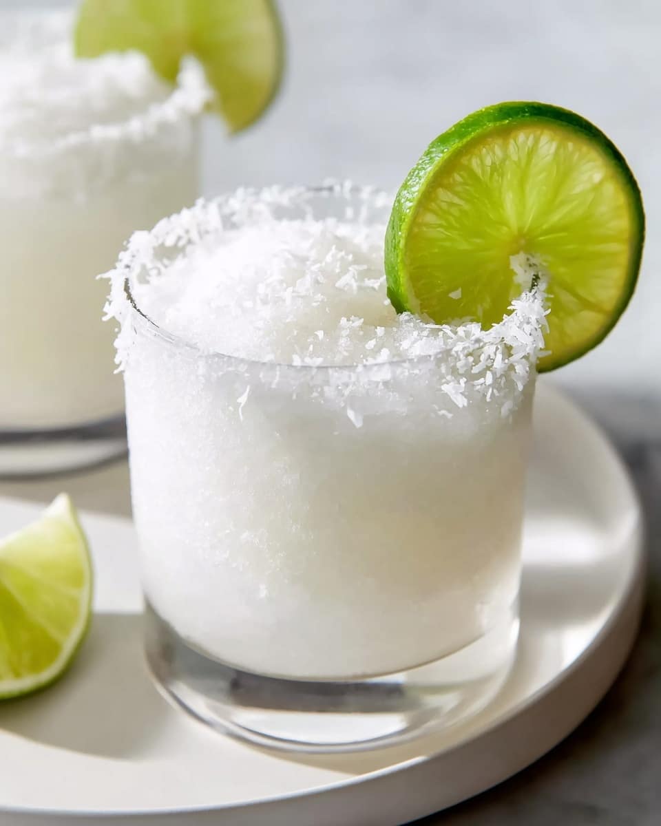 A clear glass filled with a smooth, snowy white frozen drink with a soft texture, topped to the rim with finely shredded white coconut flakes, and garnished with a bright green lime wedge placed on the glass rim. The glass sits on a simple white plate, all set on a white marbled texture surface. In the background, a second similar glass is partly visible, also rimmed with shredded coconut. Photo taken with an iphone --ar 4:5 --v 7