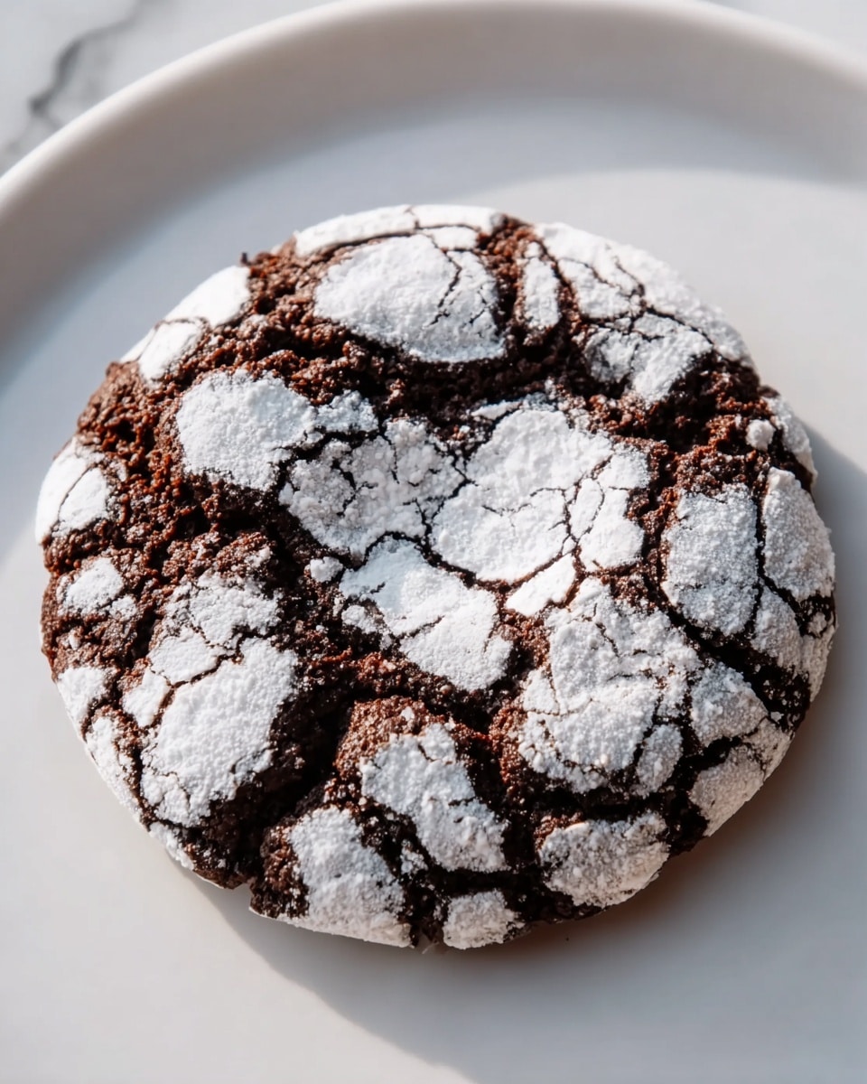 A single round chocolate crinkle cookie sits on a white plate, featuring a cracked top surface with a dusting of white powdered sugar revealing the rich, dark brown chocolate dough beneath. The cookie has a slightly uneven texture with deep fissures running across, creating a contrast between the bright white powdered sugar and the dark chocolate. The plate is placed on a white marbled surface, enhancing the cookie's dark and light contrast. photo taken with an iphone --ar 4:5 --v 7