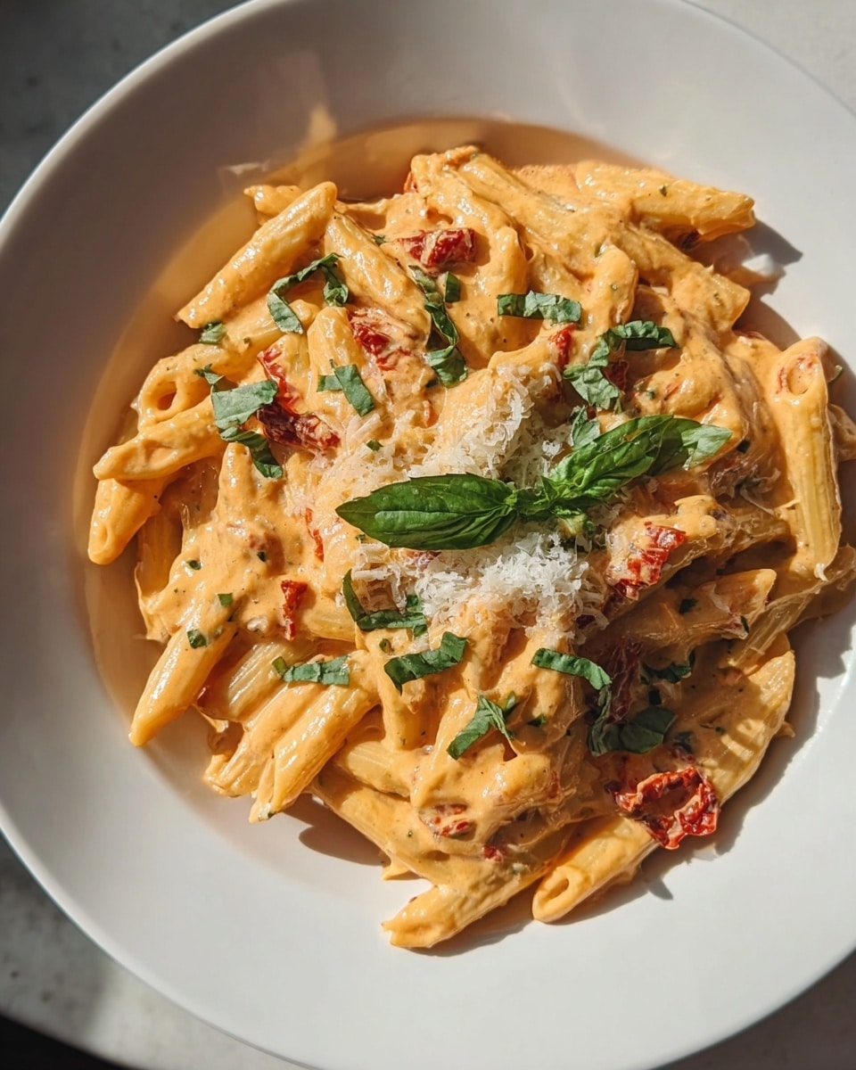 A white plate holds a creamy pasta dish with one main layer of penne pasta coated in a thick, light orange sauce with small red pieces of sun-dried tomatoes spread throughout. On top, there is a scattering of chopped fresh basil leaves in green and a small amount of grated white cheese creating a contrast with the sauce. The pasta and sauce spread evenly across the plate, with the basil and cheese mostly crowded near the center. The surface beneath the plate has a white marbled texture. photo taken with an iphone --ar 4:5 --v 7