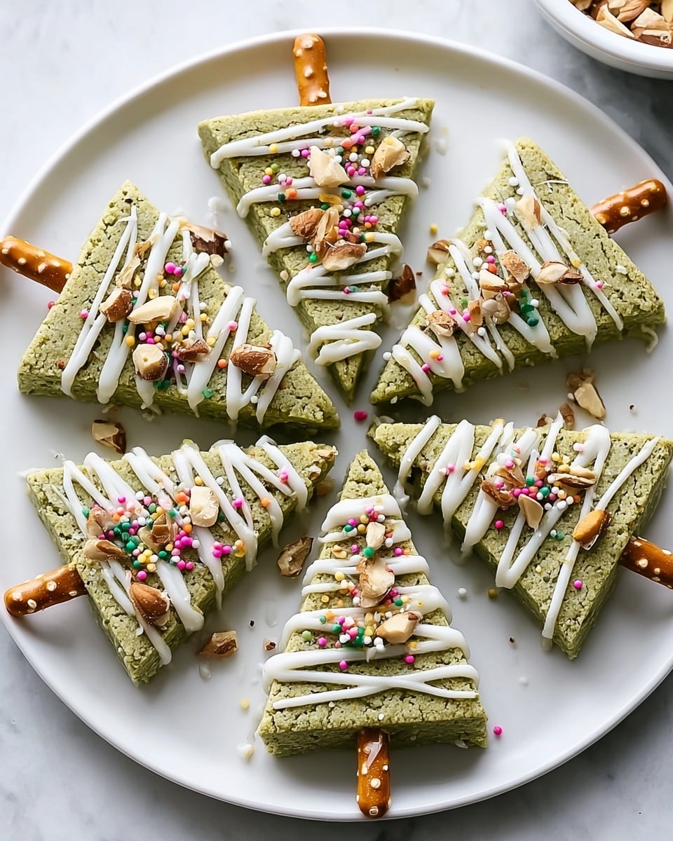 A white plate holds eight triangular green cookies, arranged in a circle to resemble Christmas trees. Each cookie has a small pretzel stick at the bottom, acting as the tree trunk. The green cookies are textured with a slightly crumbly surface and topped with white icing drizzled diagonally across, colorful small round and star-shaped sprinkles, and pieces of chopped pistachios. The white marbled surface beneath the plate adds a clean, bright background. photo taken with an iphone --ar 4:5 --v 7
