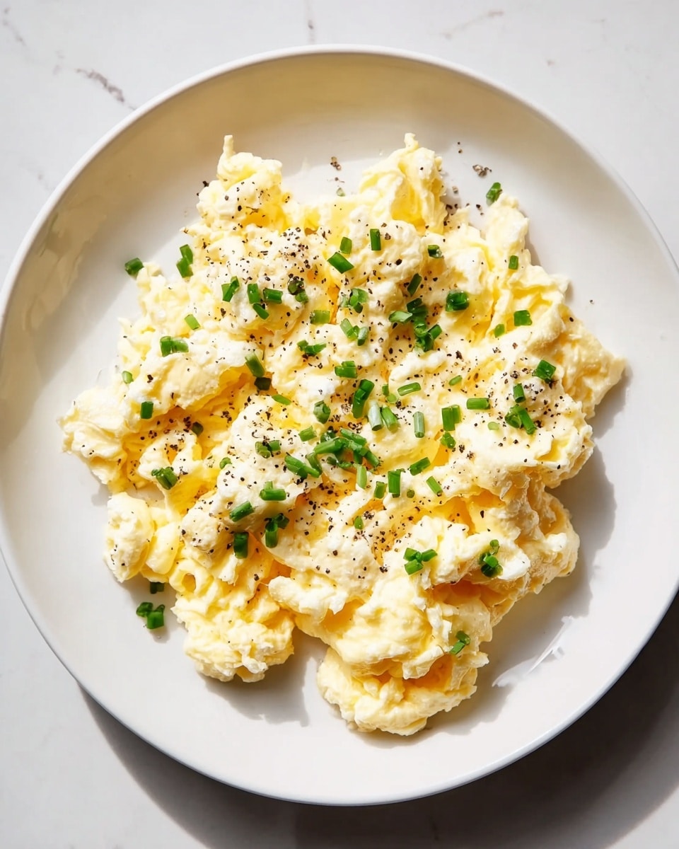 A simple white plate with one main layer of fluffy scrambled eggs, showing soft, billowy, and slightly glossy yellow and white textures mixed throughout. The eggs have small green pieces of chopped chives scattered evenly on top along with a light sprinkle of cracked black pepper over the center. The plate sits on a white marbled surface with bright natural light casting soft shadows. photo taken with an iphone --ar 4:5 --v 7