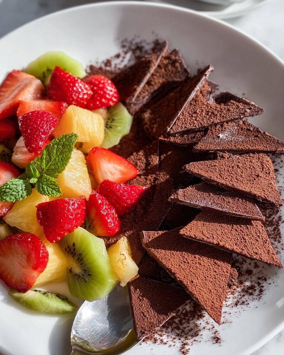 The image shows a white plate with two main parts: on the left side is a colorful mix of fruit pieces including bright red strawberries, green kiwi slices, and yellow pineapple chunks, topped with a small green mint leaf. On the right side are multiple dark brown triangular chocolate crisps layered closely together, dusted with a fine layer of cocoa powder. A silver spoon rests on the edge of the plate, and the plate sits on a white marbled surface. The lighting is natural, highlighting the fresh textures and vibrant colors of the fruit and the rich texture of the chocolate. photo taken with an iphone --ar 4:5 --v 7