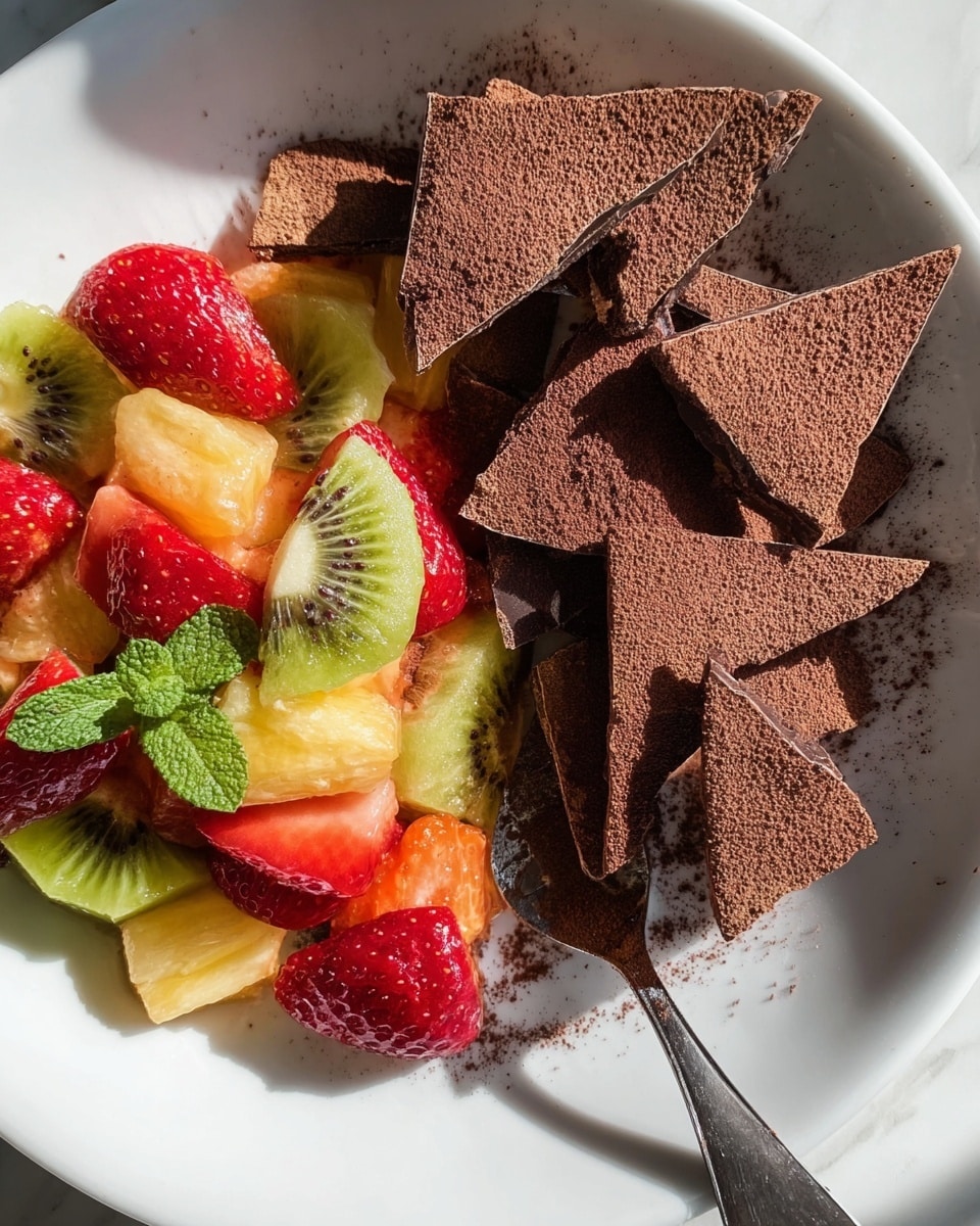 The dish shows a white plate with two main parts: on one side there are fresh fruit pieces including red strawberry slices, green kiwi chunks, and yellow pineapple cubes, topped with a small sprig of green mint. On the other side, there are multiple dark brown, triangle-shaped chocolate pieces layered and dusted heavily with cocoa powder, creating a textured look. The plate rests on a white marbled surface with part of a metallic spoon visible at the edge. The lighting highlights the shiny, juicy texture of the fruit and the dry, powdered texture of the chocolate. photo taken with an iphone --ar 4:5 --v 7