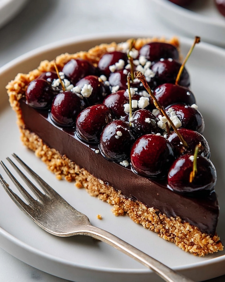 A single slice of cherry chocolate tart on a white plate with a metal fork on the side. The tart has three clear layers: a crumbly golden brown crust base, a thick dark chocolate filling in the middle with a smooth and glossy texture, and a top layer of shiny, deep red cherries, some with stems, covered lightly with small white flakes. The slice is neatly cut, showing the distinct layers sharply. The background is a white marbled texture. Photo taken with an iphone --ar 4:5 --v 7
