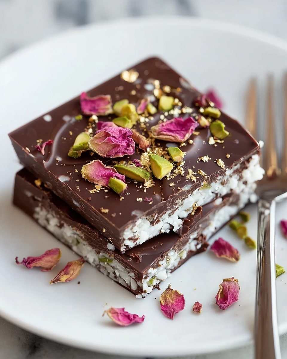 A two-layer square chocolate piece sits on a white square plate with a silver fork beside it. The bottom layer is dark chocolate mixed with small white and green bits, likely coconut flakes and pistachios, showing a rough texture. The top layer is a smooth, glossy dark chocolate slab sprinkled with green pistachio chunks, pink dried rose petals, and shimmering gold flakes, adding a delicate and colorful contrast. Some of the rose petals and pistachio pieces are scattered around the plate. The background is a white marbled surface. Photo taken with an iphone --ar 4:5 --v 7