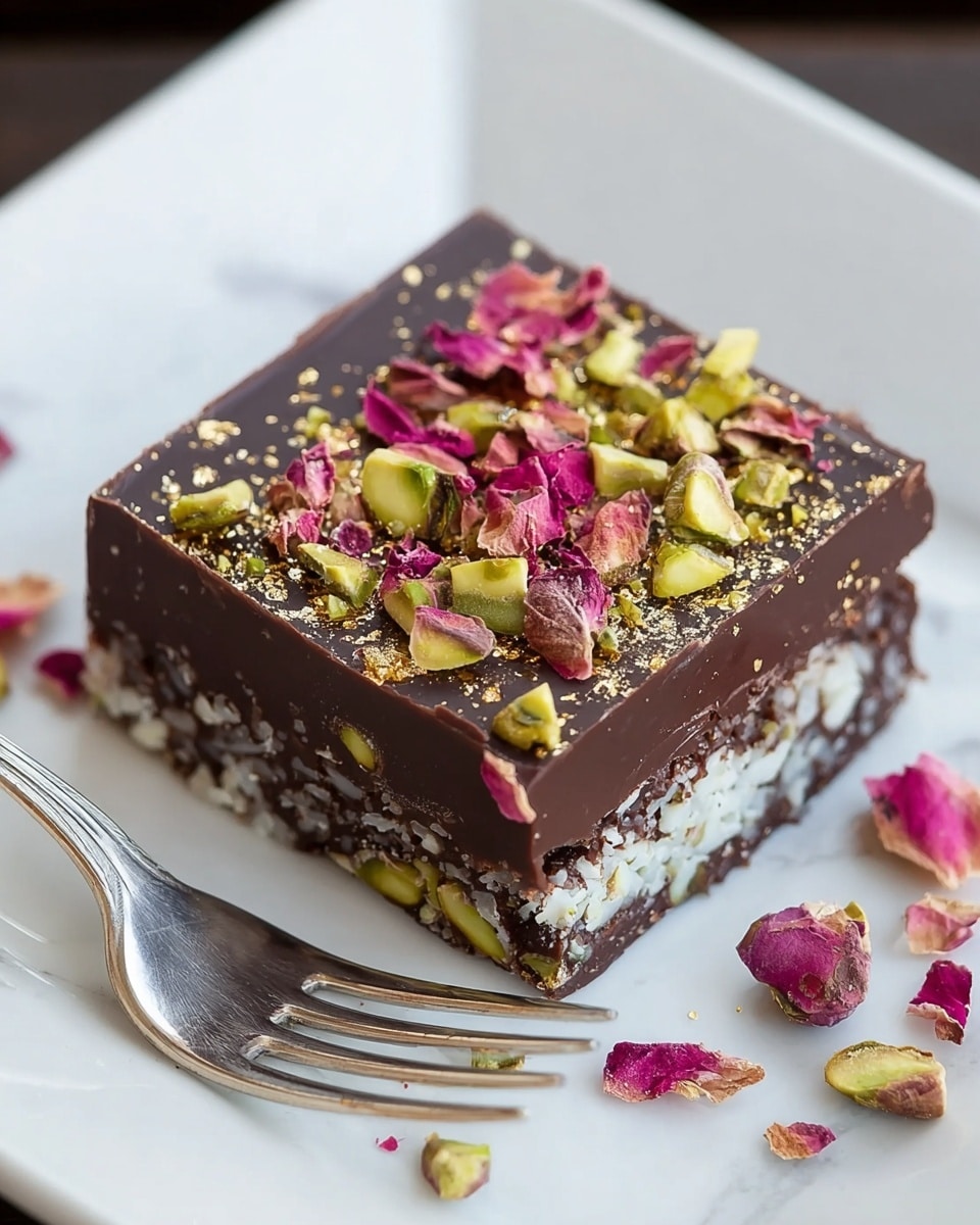 Two square layers of dark chocolate bark are stacked on a white plate, with the top layer decorated with scattered green pistachio pieces and pink rose petals. The top chocolate layer has a smooth, glossy texture with small bits of crushed nuts and gold flakes sprinkled across. The bottom layer is embedded with a white, crunchy coconut filling mixed with more pistachios, giving it a rough and textured look. Some rose petals and pistachios are scattered around the plate, and a silver fork rests on the right side partly visible. The surface under the plate has a white marbled texture. Photo taken with an iphone --ar 4:5 --v 7