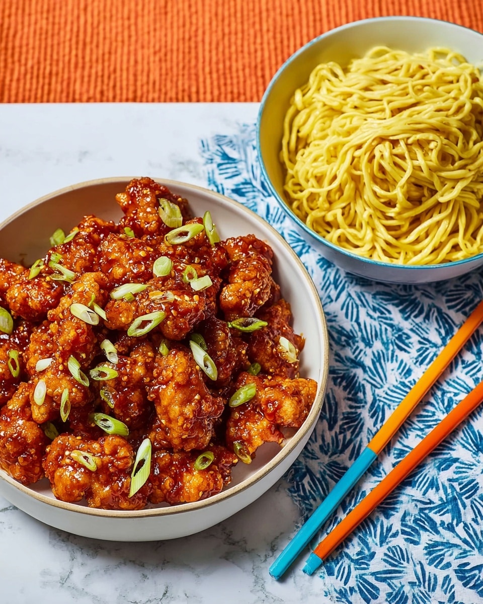 The image shows two white bowls placed side by side on a white marbled surface. The bowl on the right holds about two layers of crispy fried chicken pieces coated in a sticky, shiny brown sauce, garnished with sliced green onions scattered on top. The bowl on the left contains a single layer of plain yellow noodles that are thick and twisted neatly inside. Next to the bowls, there are two pairs of chopsticks, one red and one blue, placed vertically on the cloth with blue teardrop patterns. photo taken with an iphone --ar 4:5 --v 7