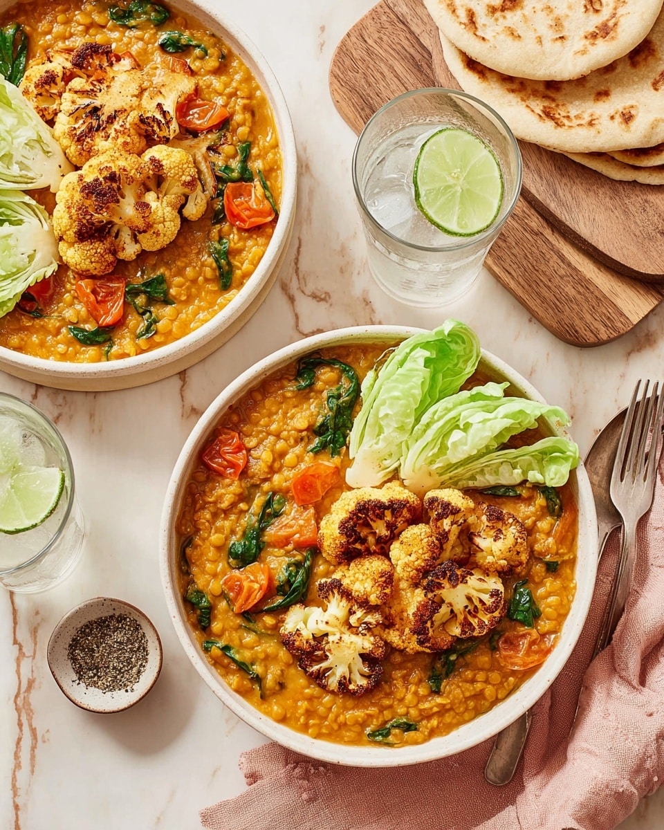 Two white bowls are filled with a thick, orange lentil stew mixed with green spinach leaves. Each bowl has a layer of golden-brown roasted cauliflower florets placed on top, with a few pale green lettuce leaves arranged beside the cauliflower. The bowls rest on a soft pink cloth on a white marbled surface. Above them, a white wooden board holds several pieces of flatbread stacked on top of each other, and beside the bowls, there are two clear glasses with ice and a wedge of lime inside. A small white bowl with ground black pepper and a white fork are also visible. photo taken with an iphone --ar 4:5 --v 7