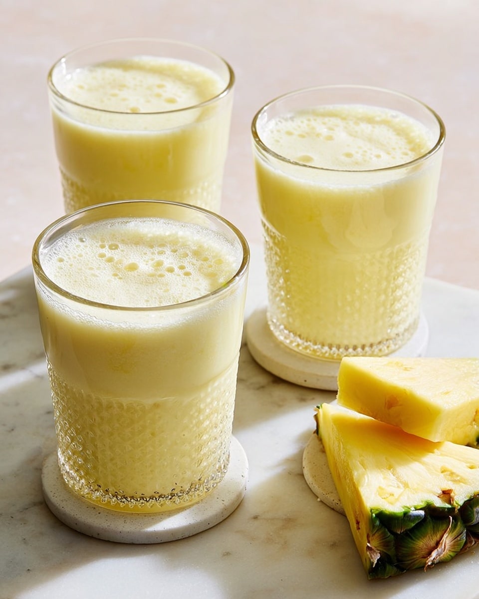The image shows three clear textured glasses filled with a creamy pale yellow pineapple smoothie, each glass filled to the top with a frothy layer and small pieces of pineapple visible inside. Two large triangular pineapple slices with green edges and brown eyes rest on a white hexagonal tile placed on a white marbled surface, while another pineapple wedge sits beside it. The background is light and blurred, giving a soft, fresh feel to the scene. photo taken with an iphone --ar 4:5 --v 7