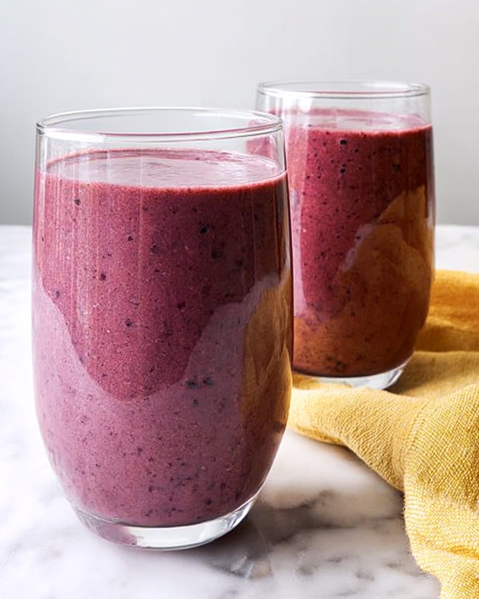 Two clear glasses filled with thick, mixed berry smoothies sit on a white marbled surface. The larger glass is in front, filled to the top with a smooth, dark pink drink that has a slightly textured surface showing small purple and blue berry bits. Behind it, a smaller glass holds a similar smoothie, slightly darker in color with visible berry pieces, creating a rich texture. A soft yellow cloth is casually placed next to the smaller glass, adding a touch of warmth to the scene. Photo taken with an iphone --ar 4:5 --v 7
