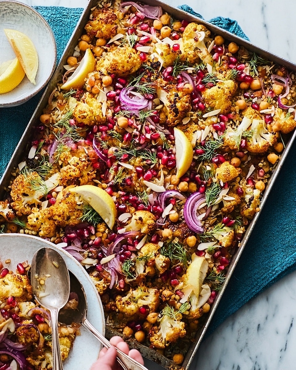 A roasting pan filled with a layered dish that has roasted golden brown cauliflower pieces spread evenly throughout the top, mixed with yellow chickpeas and sliced red onions, giving a pop of purple. There are scattered bright red pomegranate seeds and thin almond slices on top, adding texture and color contrast. Fresh green herbs are sprinkled across for a fresh look, with lemon wedges placed inside the pan. The pan sits on a blue cloth on a white marbled surface, and next to it is a white plate with a dessert spoon and fork. Photo taken with an iphone --ar 4:5 --v 7