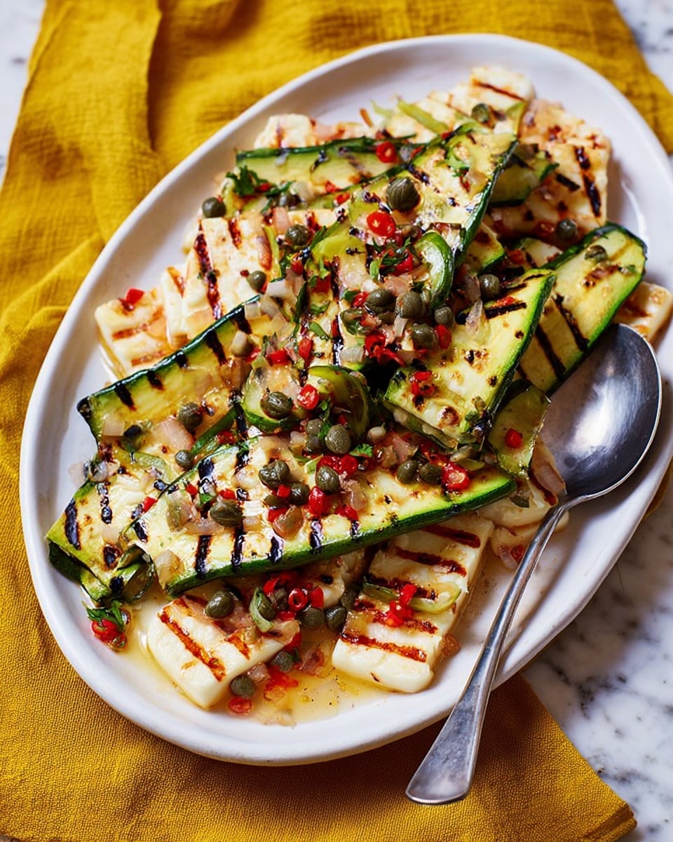 The image shows an oval white plate filled with grilled zucchini and halloumi slices arranged in a loose pile. The zucchini pieces are long, green with dark grill lines, and appear slightly charred, positioned mostly on top and around the halloumi slices. The halloumi cheese is white with brown grill marks and cut into rectangular shapes. The dish is topped with finely chopped red chili peppers, small diced onions, and small green capers scattered evenly over the vegetables and cheese. A silver spoon rests on the right side of the plate, partly under some zucchini pieces. The plate is on a soft, brown cloth, all set on a white marbled texture surface. photo taken with an iphone --ar 4:5 --v 7