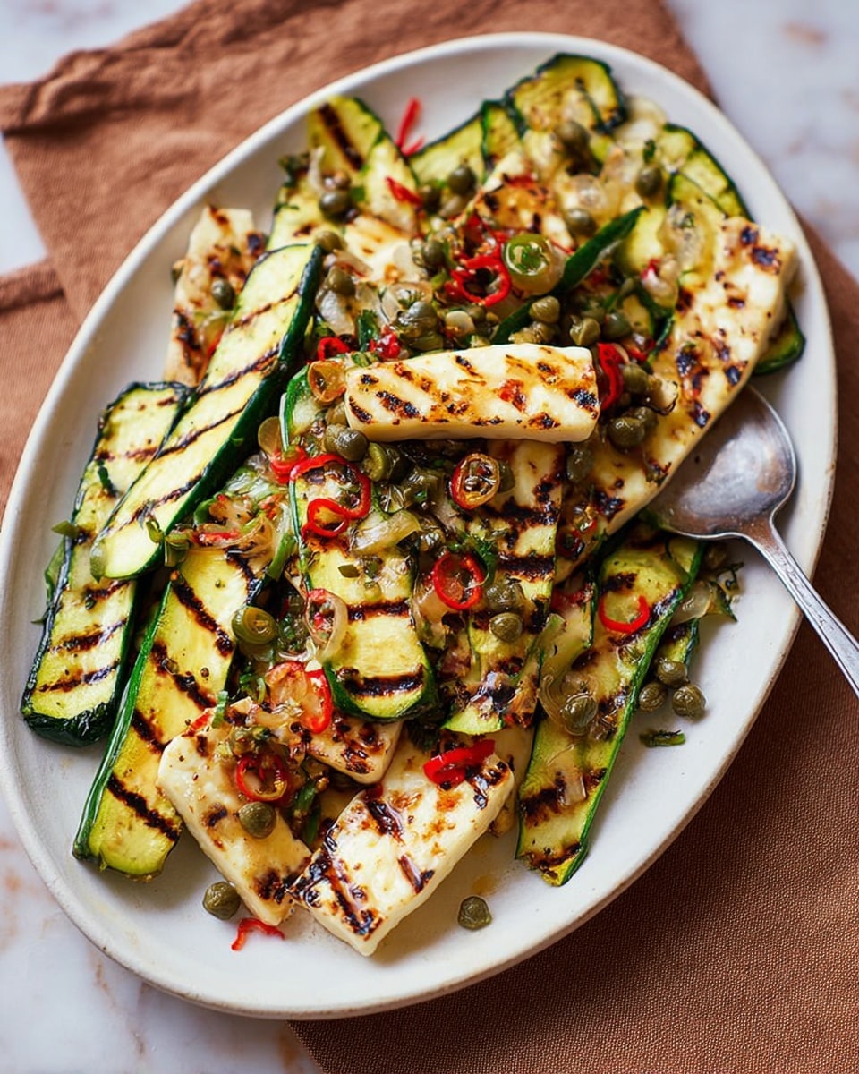 The dish is served on a white oval plate placed on a white marbled texture with a yellow cloth nearby. It has two main layers: the bottom layer is made of grilled halloumi cheese slices with light golden grill marks, showing a smooth, creamy texture; the top layer consists of grilled zucchini strips, also with dark grill lines, displaying green edges and a slightly charred surface. Both the cheese and zucchini are sprinkled with small pieces of red chili, diced red onion, and green capers, adding pops of red and green color. A silver spoon rests on the right side of the plate, partially touching the food. photo taken with an iphone --ar 4:5 --v 7