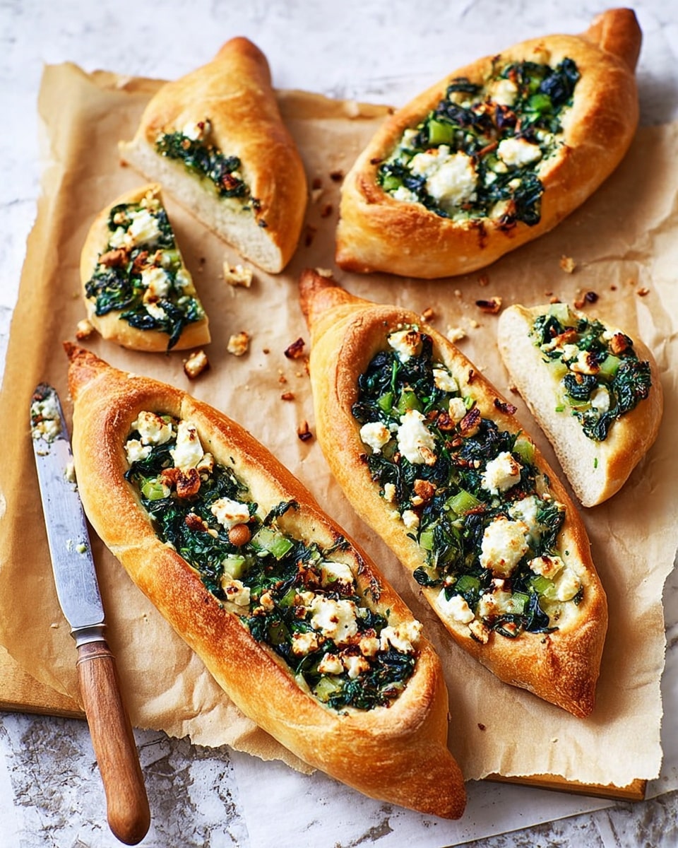 The image shows three boat-shaped flatbreads with golden brown, thick crusts, each filled with a layer of bright green cooked spinach mixed with scattered white cheese pieces and small bits of light brown nuts or garlic. Two full flatbreads lay on white parchment paper on a crinkled beige surface, while the third is cut into two triangular slices, showing the soft, airy texture of the bread base and the vibrant green and white topping inside. A knife with a wooden handle is placed beside the flatbreads, adding a rustic touch. photo taken with an iphone --ar 4:5 --v 7