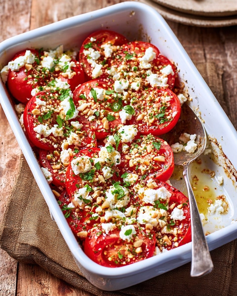 A white rectangular baking dish holds a layered dish featuring a base of slices of bright red tomatoes topped with chunky white cheese pieces and sprinkled with chopped green herbs and crushed nuts. The tomatoes are arranged in overlapping rows, while the cheese and nuts cover them unevenly, adding texture and contrast with their creamy and crunchy elements. A metal spoon rests inside the dish on the right side, partially covered by the toppings. The baking dish sits on a wooden surface with a brown cloth next to it. Photo taken with an iphone --ar 4:5 --v 7
