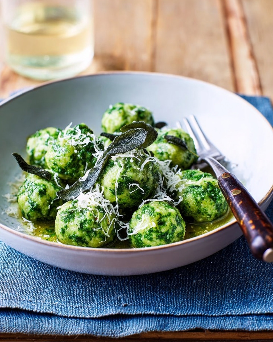 A white bowl filled with two layers of small, round green gnocchi that have a speckled texture from herbs mixed in, topped with light green fried sage leaves and sprinkled with white grated cheese; a fork with a dark wooden handle rests inside the bowl on the right side; the bowl is placed on a dark blue cloth napkin on a wooden surface with a glass of light yellow drink blurred in the background; photo taken with an iphone --ar 4:5 --v 7