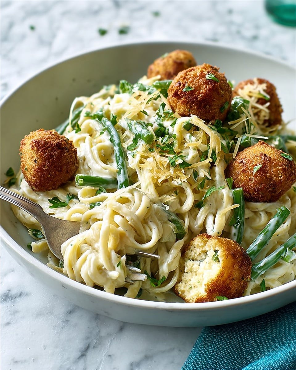 The image shows a white bowl filled with creamy pasta tossed with green beans and topped with golden brown round falafel balls. The pasta is thick, coated in a white sauce with visible green herbs sprinkled all over. The green beans add a fresh green color contrast, and the falafel balls have a crispy textured surface with a soft inside visible on one broken ball. A silver fork rests inside the bowl. The bowl sits on a white marbled surface with a folded teal cloth nearby, and there is a blurred drink in the background. photo taken with an iphone --ar 4:5 --v 7