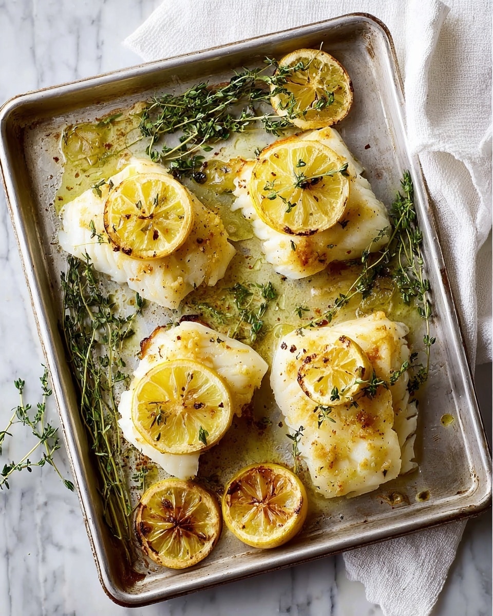A metal baking tray holds four pieces of cooked white fish with a light golden crust, each topped with a thin, slightly charred lemon slice. Several fresh green thyme sprigs are scattered on the tray and tucked under the fish pieces. Additional lemon slices, some browned from cooking, lie directly on the tray. The tray is placed on a white marbled surface with a white cloth visible in the top right corner. The overall look is fresh and rustic with a simple presentation. photo taken with an iphone --ar 4:5 --v 7