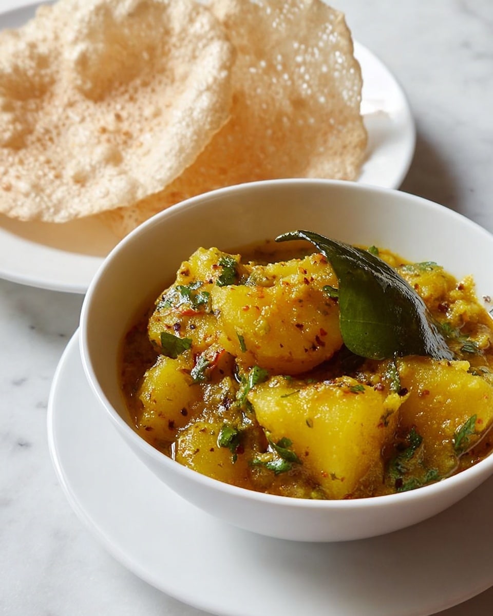 A white bowl filled with a thick yellow curry containing large chunks of soft potatoes, garnished with small green cilantro leaves and a visible curry leaf. The curry has a slightly oily surface with visible mustard seeds and other spices. Next to the bowl, two large, round, light brown, crispy papadums with a bubbly texture rest on a white plate. The setting is on a white marbled surface. photo taken with an iphone --ar 4:5 --v 7