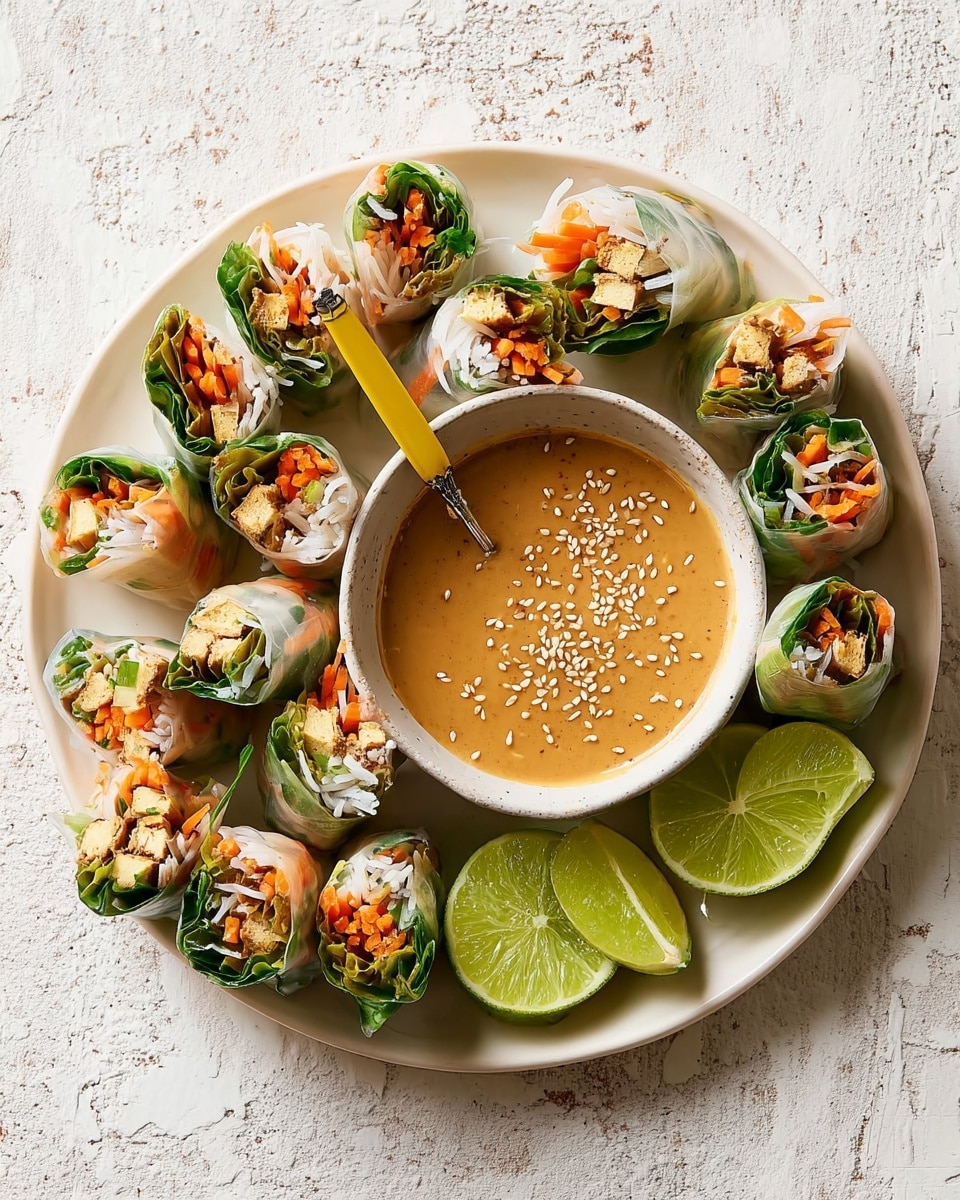 A white round plate on a white marbled surface holds several fresh spring rolls arranged in a circle around a small bowl of creamy peanut sauce topped with sesame seeds. Each spring roll has multiple layers visible through translucent rice paper: bright green leafy herbs, thin white rice noodles, orange shredded carrots, and small cubes of golden tofu. There are lime wedges placed near the bottom edge of the plate for garnish. A yellow-handled spoon rests in the peanut sauce, ready for dipping. Photo taken with an iphone --ar 4:5 --v 7