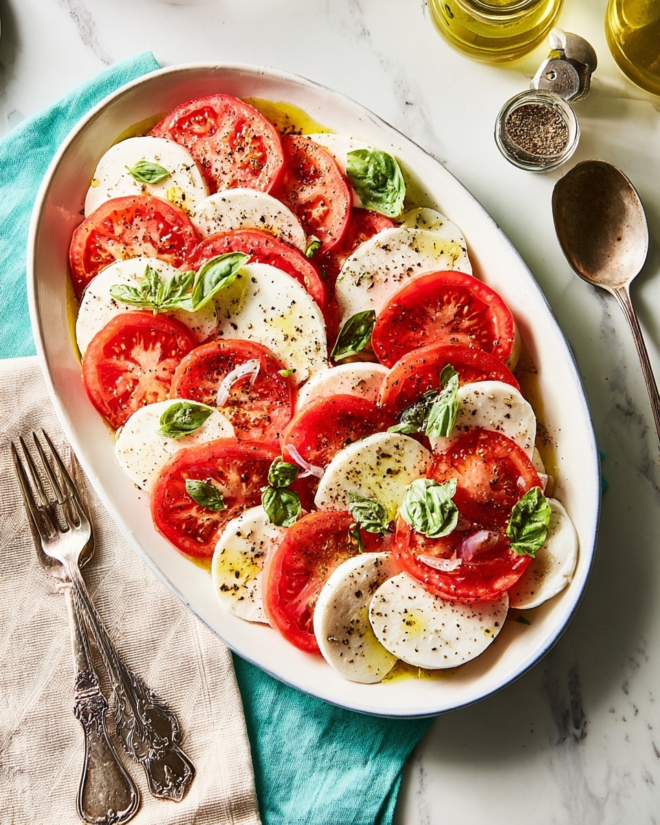 A white oval plate holds a fresh Caprese salad made of alternating layers of red tomato slices and white mozzarella cheese slices, arranged neatly side by side to cover the whole plate. Bright green basil leaves are placed sparingly on top, adding color contrast. The salad is drizzled with golden olive oil and sprinkled with black pepper. The plate is set on a white marbled textured surface with a light blue cloth underneath, alongside a silver fork and spoon, a bottle of olive oil, and a small white bowl of pepper in the background. A beige napkin with a simple stitched line is folded next to the plate. photo taken with an iphone --ar 4:5 --v 7