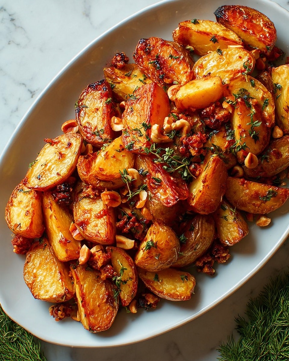 The image shows an oval white plate filled with golden roasted potato wedges with a crispy texture on the outside and soft inside. The potatoes are mixed with small pieces of browned nuts and sprinkled with fresh green thyme leaves, giving a touch of color and freshness. The plate is set on a white marbled surface with some green pine-like leaves and thin twigs visible at the side, enhancing the cozy and natural vibe. The photo taken with an iphone --ar 4:5 --v 7
