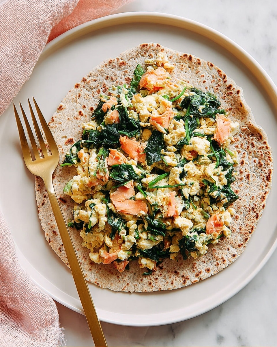 A single large, round whole wheat flatbread with a light brown color and toasted spots lies flat on a white plate, covering most of it. On top of the flatbread is a mix of scrambled eggs, cooked spinach leaves, and small, soft orange chunks of cooked salmon, distributed evenly in the center, creating a colorful and textured layer. A gold fork rests on the left side of the plate, leaning slightly over the flatbread. The scene is set on a white marbled surface with a soft pink napkin underneath the plate. photo taken with an iphone --ar 4:5 --v 7