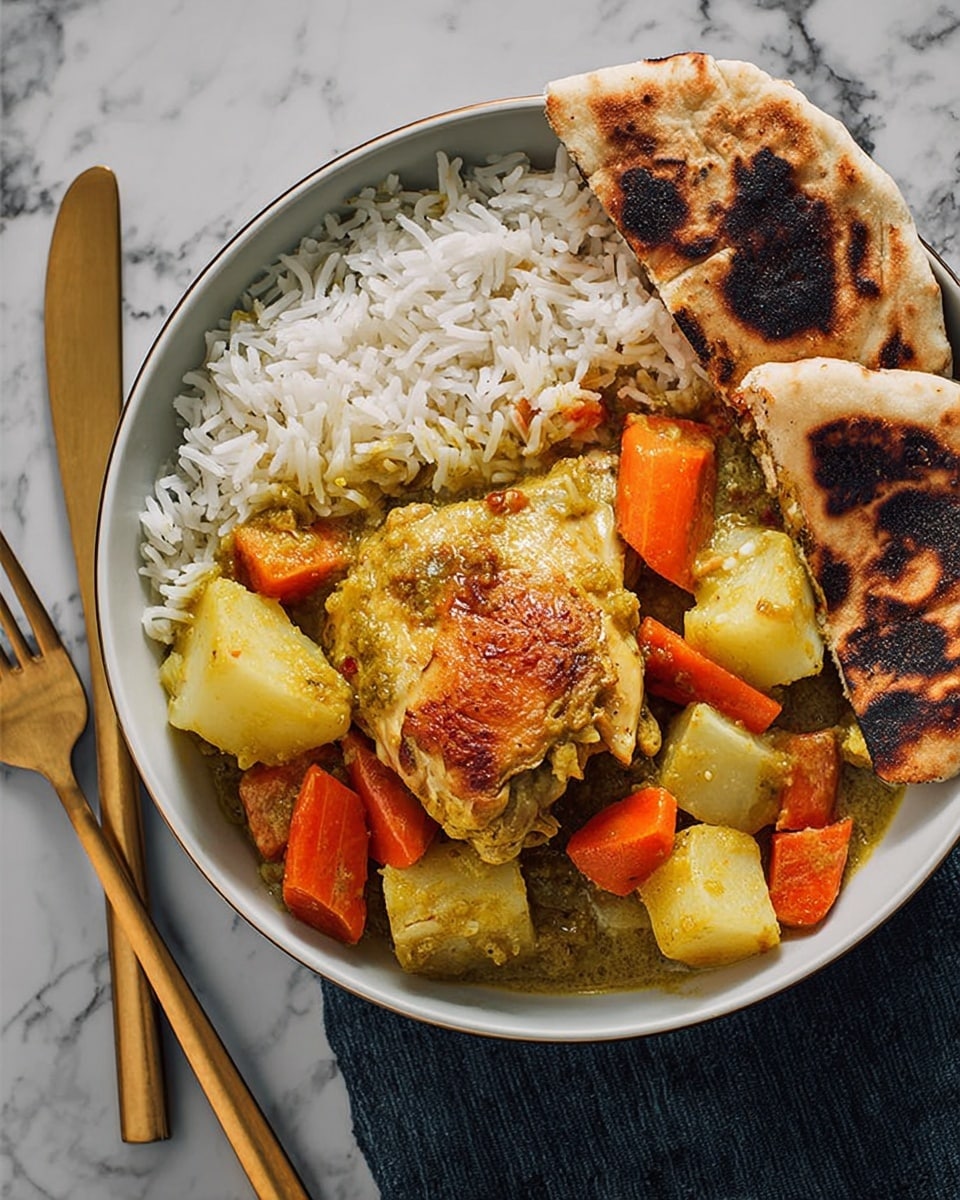 A white bowl holds a dish with three main layers: the bottom layer is white cooked rice with long grains, the middle layer consists of chunky pieces of yellow potatoes and orange carrots in a green curry sauce, and the top layer is a golden-browned piece of baked chicken with a slightly crispy texture. The bowl is placed on a white plate, and to the right side of the plate, there are pieces of grilled flatbread with dark toasted spots. A gold fork and knife rest on the left side of the plate, all set on a white marbled surface. photo taken with an iphone --ar 4:5 --v 7