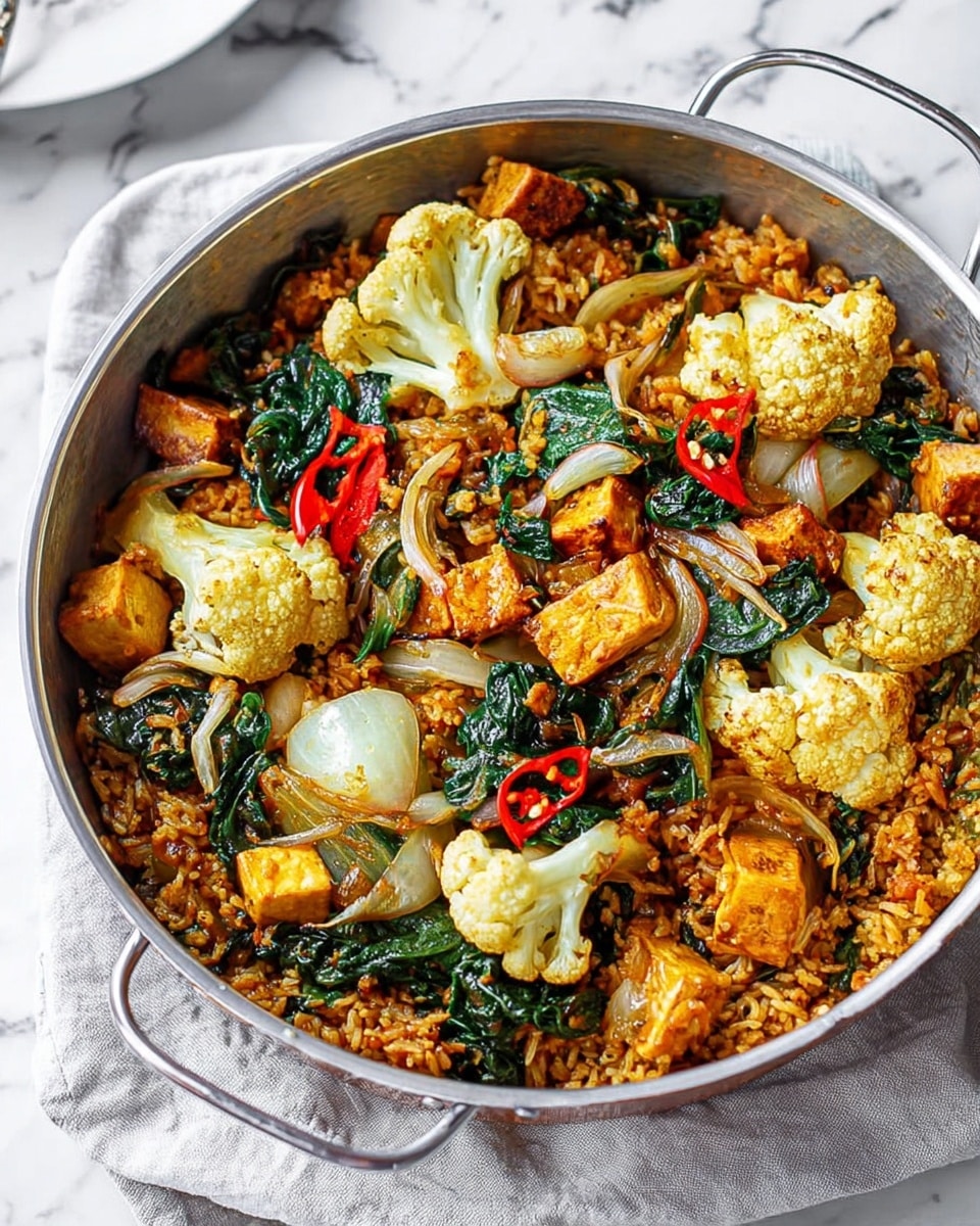 The image shows a round metal pot filled with a mixed dish featuring a base layer of cooked brown rice with a yellowish tint, scattered thick pieces of white cauliflower florets, bright green wilted spinach leaves, and small chunks of orange tofu or paneer mixed throughout. There are also thin slices of cooked onions adding a light brown color and a few thin red chili slices scattered on top for contrast. The pot rests on a light gray cloth over a white marbled textured surface. Photo taken with an iphone --ar 4:5 --v 7
