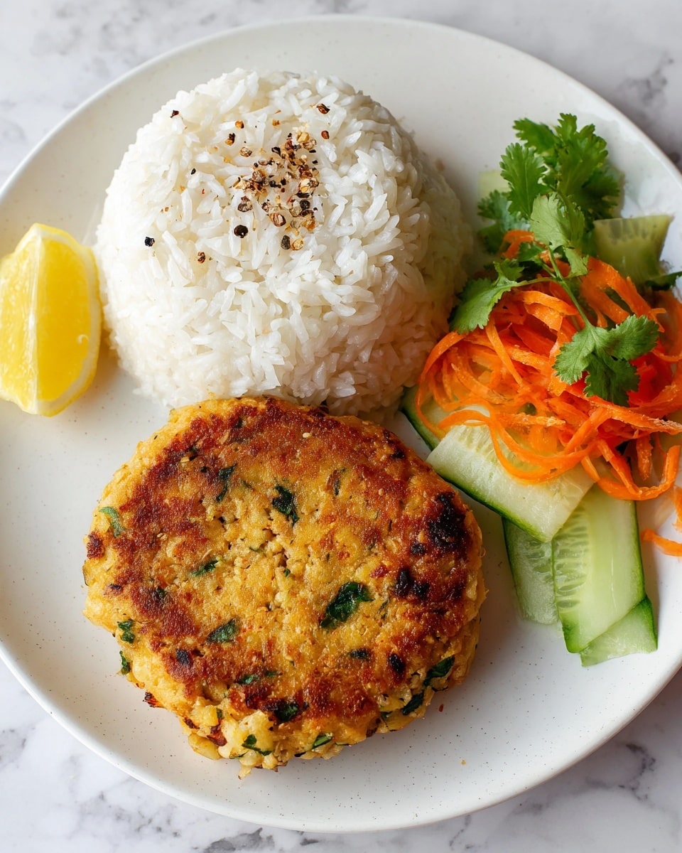 The image shows a round, golden-brown patty placed slightly off-center on a white plate. Behind the patty, there is a neat mound of white rice with a fluffy texture. To the right side of the plate, there is a small pile of thinly sliced ribbons of orange carrot and pale green cucumber mixed with fresh green cilantro leaves, lightly seasoned with visible black pepper. A small wedge of pale yellow lemon is placed near the rice on the left side of the plate. The background features a white marbled surface. photo taken with an iphone --ar 4:5 --v 7