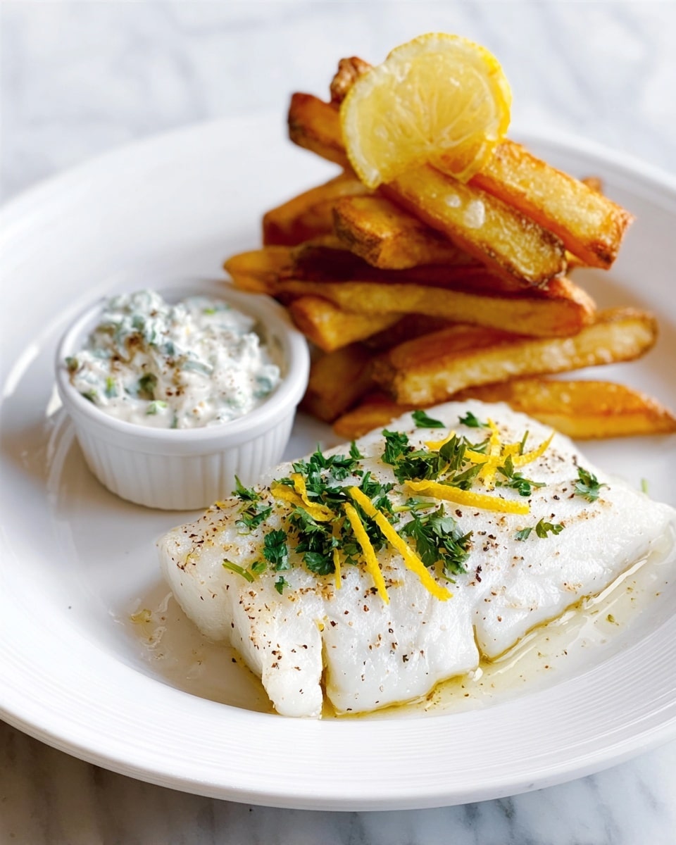 The image shows a white plate with three layers of thick, golden-brown fries stacked neatly at the top right. In front of the fries, there is a single white fish fillet seasoned with black pepper, sprinkled with chopped green herbs, and topped with thin yellow lemon zest strips, creating a fresh look. To the left of the fish is a small white round bowl filled with a creamy white sauce that has green herb pieces mixed in. The plate rests on a white marbled surface with a blue-striped cloth underneath. Photo taken with an iphone --ar 4:5 --v 7