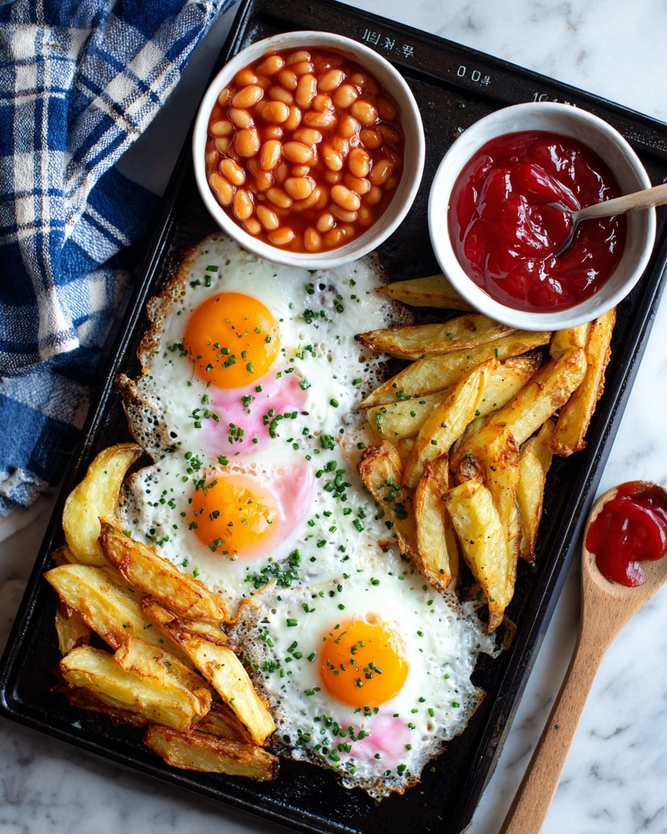 A black baking tray holds three fried eggs with bright pink yolks and set white edges, each sprinkled with small green chive pieces. Around and between the eggs are thick-cut golden potato fries and wedges, showing a mix of crispy browned and soft pale yellow textures. Outside the tray, a white bowl filled with baked beans in a red sauce is on a wooden surface, next to a small white bowl holding bright red ketchup with a wooden spoon. A blue and white checked cloth is casually placed at the top edge of the tray. The entire scene is set on a white marbled texture. Photo taken with an iphone --ar 4:5 --v 7