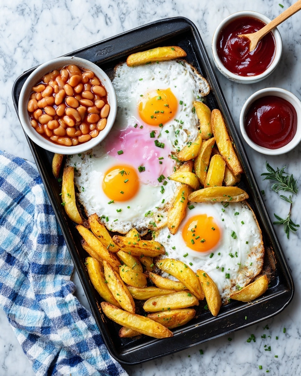 On a black baking tray, there are three fried eggs with bright pink yolks and smooth white edges, each topped with small green chives. Surrounding and overlapping the eggs are golden-yellow potato wedges and fries, some with browned, crispy edges and some softer in texture. The tray is placed on a white marbled surface with a blue and white checkered cloth draped loosely above the tray. To the left, a white bowl filled with mixed baked beans in reddish sauce sits next to a small bowl of bright red ketchup with a wooden spoon inside. Photo taken with an iphone --ar 4:5 --v 7