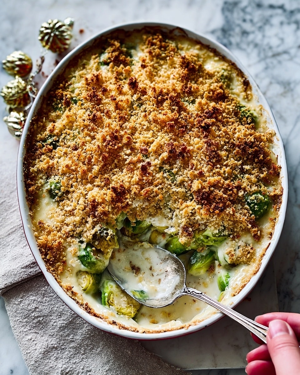 The image shows a baked dish in a white oval ceramic dish placed on a white marbled surface. The dish has two main layers: the bottom layer is creamy with visible cooked green vegetables like Brussels sprouts peeking through, and the top layer is a golden crumbly crust made of breadcrumbs and small chopped nuts, giving it a crunchy texture. There is a large silver spoon resting on the edge of the dish with some of the creamy filling on it. The edges of the dish have some browned spots from baking. Photo taken with an iphone --ar 4:5 --v 7