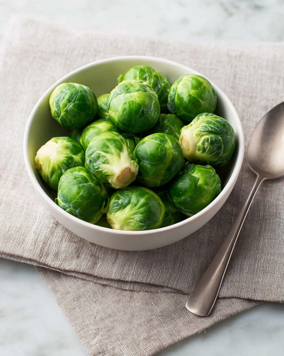 A white bowl filled with one layer of fresh Brussels sprouts, each bright green with tightly packed, shiny leaves showing clear texture and natural veining, resting on a folded checkered cloth with light blue and beige colors on a white marbled surface; next to the bowl on the right side is a shiny silver spoon with a smooth reflective surface. photo taken with an iphone --ar 4:5 --v 7