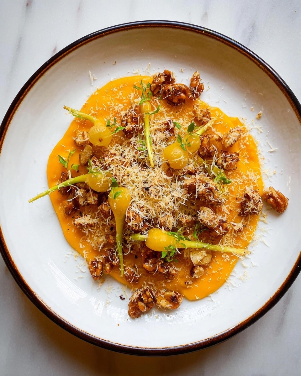 The dish is served on a white round plate with a thin dark rim, set on a white marbled surface. At the bottom, there is a smooth, thick orange-colored puree spread in a circular shape. On top of this, there are small pieces of crunchy brown clusters and thin, long baby carrots in shades of yellow and orange, scattered in a loose pile. The carrots have thin roots attached and are intermixed with bright yellow grated shreds that look like cheese, sprinkled generously over the dish, giving it a textured and vibrant look. photo taken with an iphone --ar 4:5 --v 7